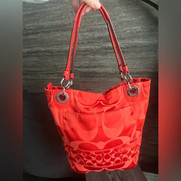 Coach Crimson Orange Signature Nylon ToteBag Leather Trim/Hangtag + Dust Bag 12” - Picture 3 of 16
